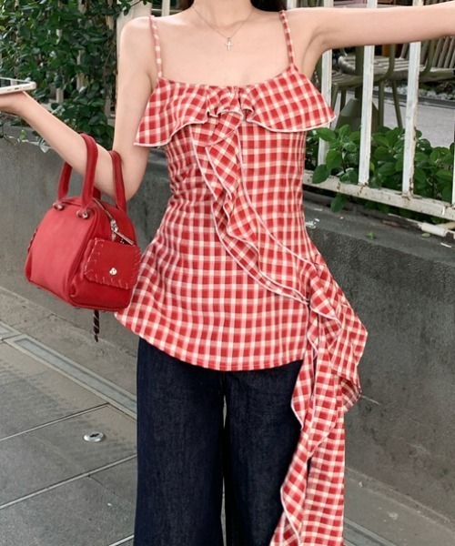 00s darkcore TRALALA系 ビッグリボンフリルチェックキャミ 00s