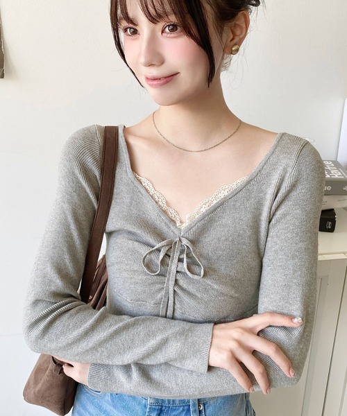 セール】12Gフロントレースギャザーリブニットトップス（ニット