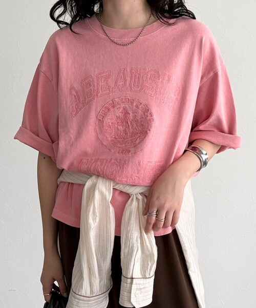fredy emue（フレディエミュ）の「ピグメント刺繍クロップドTシャツ（Tシャツ/カットソー・レディース・チャコールグレー/ベージュ/ピンク・38）」の6枚目の写真