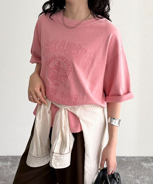 fredy emue（フレディエミュ）の「ピグメント刺繍クロップドTシャツ（Tシャツ/カットソー・レディース・チャコールグレー/ベージュ/ピンク・38）」の5枚目の写真