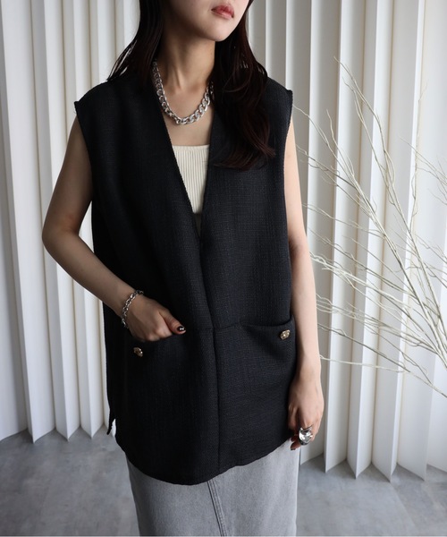 YENNA（イェンナ）の「【ツイードポケット金釦ベスト】Vネックベスト オールシーズン着用可能（ベスト・レディース・アイボリー/ブラック/グレー・FREE）」の22枚目の写真