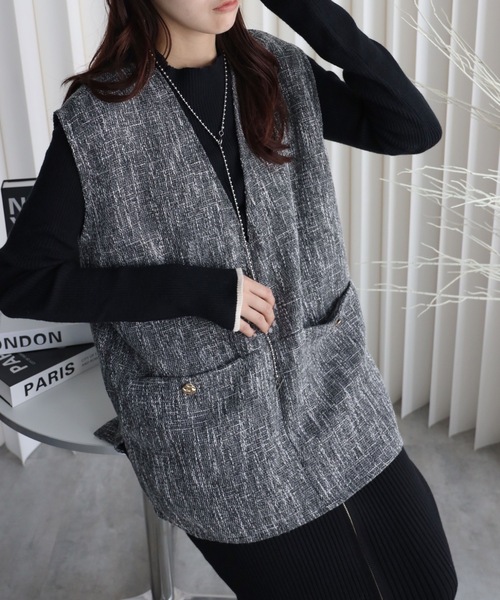 セール】【ツイードポケット金釦ベスト】Vネックベスト オール