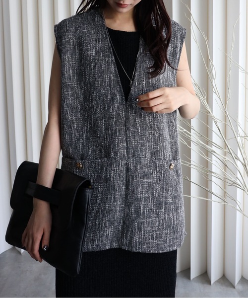 セール】【ツイードポケット金釦ベスト】Vネックベスト オールシーズン