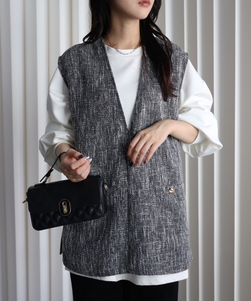 セール】【ツイードポケット金釦ベスト】Vネックベスト オールシーズン