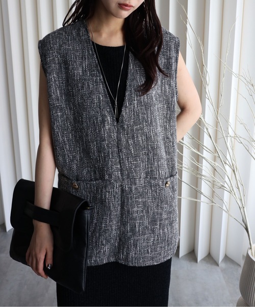 セール】【ツイードポケット金釦ベスト】Vネックベスト オールシーズン