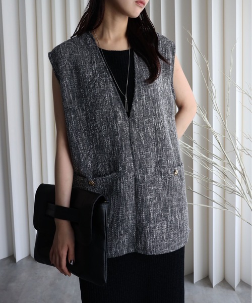 セール】【ツイードポケット金釦ベスト】Vネックベスト オールシーズン