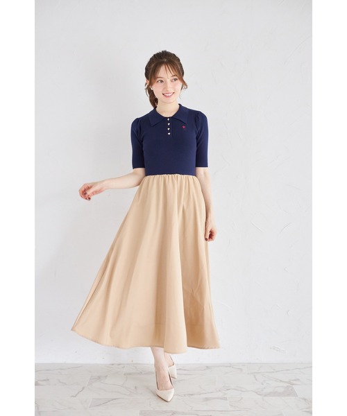tocco closet(トッコ クローゼット)の「ロゴ刺繍入りポロニットドッキングワンピース(ワンピース・レディース・ブラック×ホワイト/ネイビー・M)」の3枚目の写真