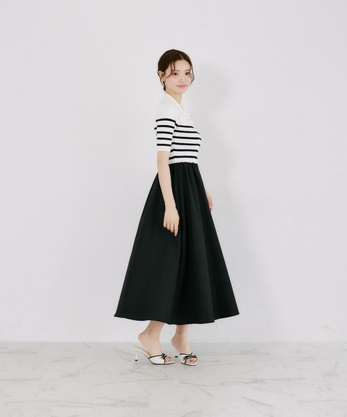ロゴ刺繍入りポロニットドッキングワンピース（ワンピース）｜tocco