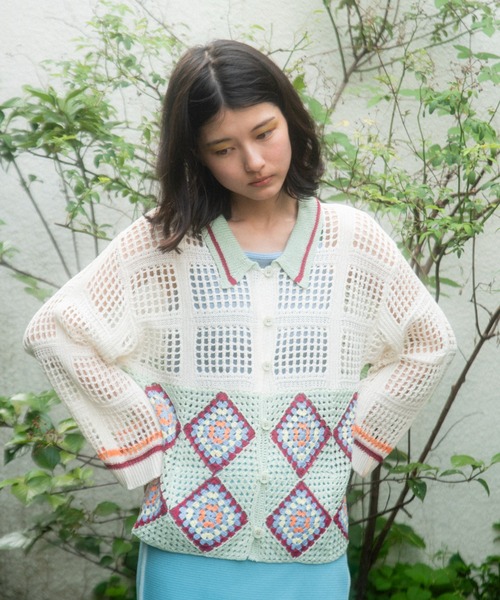 PAMM(パム)の「玄関マットのかぎ針編みニットシャツ(カーディガン/ボレロ・レディース・アイボリー/ブラック・フリー)」の6枚目の写真