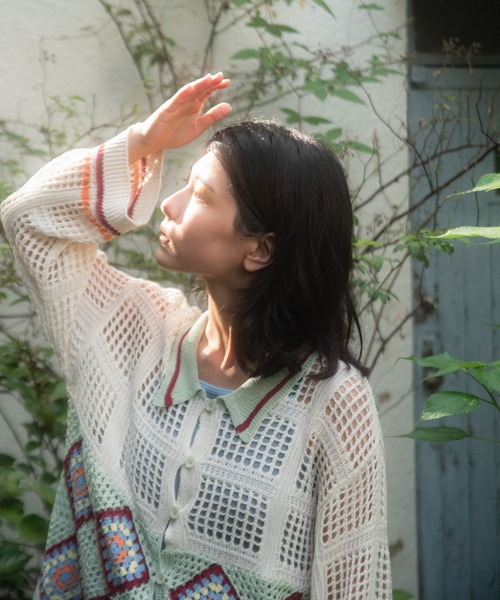 PAMM(パム)の「玄関マットのかぎ針編みニットシャツ(カーディガン/ボレロ・レディース・アイボリー/ブラック・フリー)」の14枚目の写真