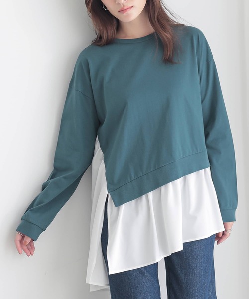 n'OrLABEL（ノアールレーベル）の「異素材アシンメトリーカットソー（Tシャツ/カットソー・レディース・杢グレー/ブルーグリーン/ブラック・1/2）」の3枚目の写真