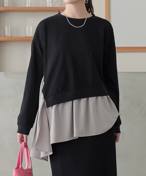 n'OrLABEL（ノアールレーベル）の「異素材アシンメトリーカットソー（Tシャツ/カットソー・レディース・杢グレー/ブルーグリーン/ブラック・1/2）」の2枚目の写真