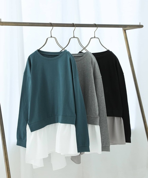 n'OrLABEL（ノアールレーベル）の「異素材アシンメトリーカットソー（Tシャツ/カットソー・レディース・杢グレー/ブルーグリーン/ブラック・1/2）」の6枚目の写真