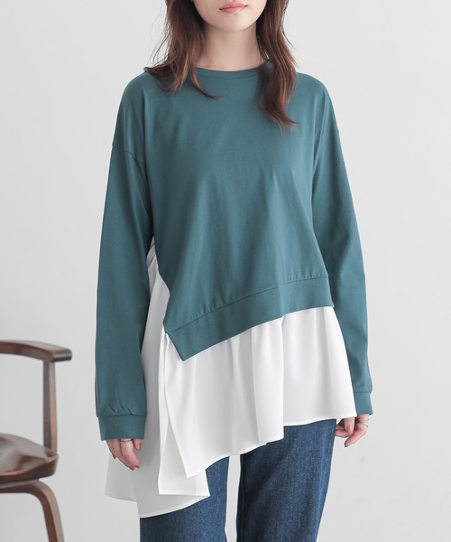 n'OrLABEL（ノアールレーベル）の「異素材アシンメトリーカットソー（Tシャツ/カットソー・レディース・杢グレー/ブルーグリーン/ブラック・1/2）」の8枚目の写真
