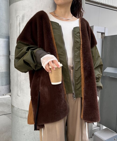 etsinta(エシンタ)の「【etsinta】ファー切替ジャケット(ノーカラーコート・レディース・カーキ/ブラック/グレー系その他/ブラウン・ONE SIZE)」の22枚目の写真