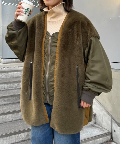 etsinta(エシンタ)の「【etsinta】ファー切替ジャケット(ノーカラーコート・レディース・カーキ/ブラック/グレー系その他/ブラウン・ONE SIZE)」の21枚目の写真
