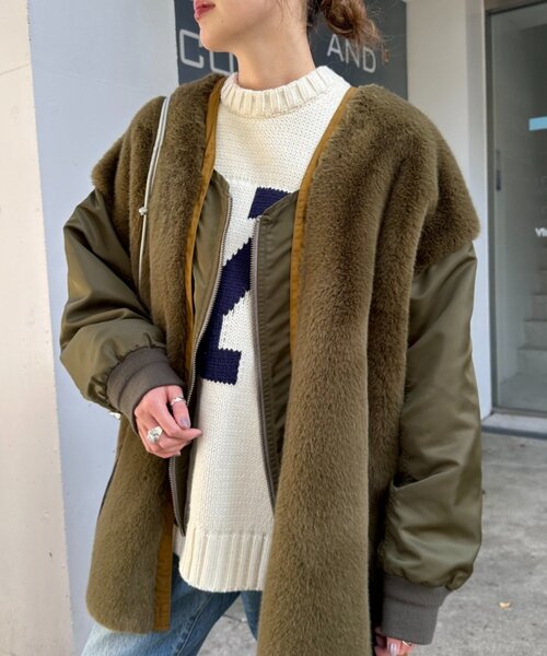 etsinta(エシンタ)の「【etsinta】ファー切替ジャケット(ノーカラーコート・レディース・カーキ/ブラック/グレー系その他/ブラウン・ONE SIZE)」の16枚目の写真