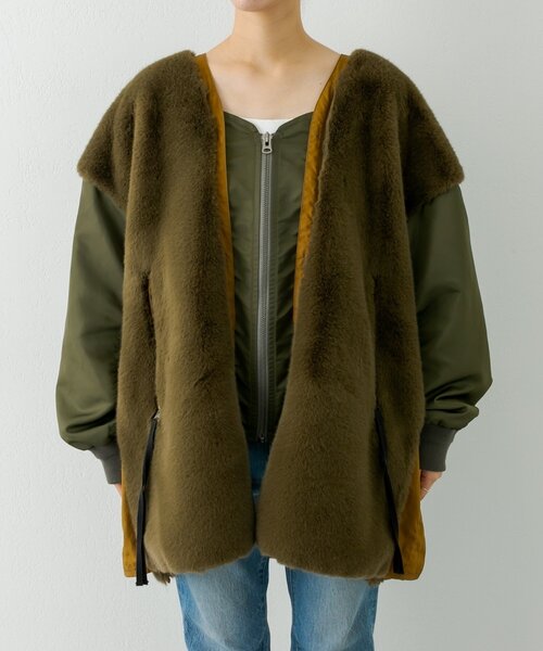 etsinta(エシンタ)の「【etsinta】ファー切替ジャケット(ノーカラーコート・レディース・カーキ/ブラック/グレー系その他/ブラウン・ONE SIZE)」の15枚目の写真