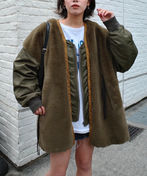 etsinta ファーコート　カーキ セール】【etsinta/エシンタ】ファー切替ジャケット（ブルゾン