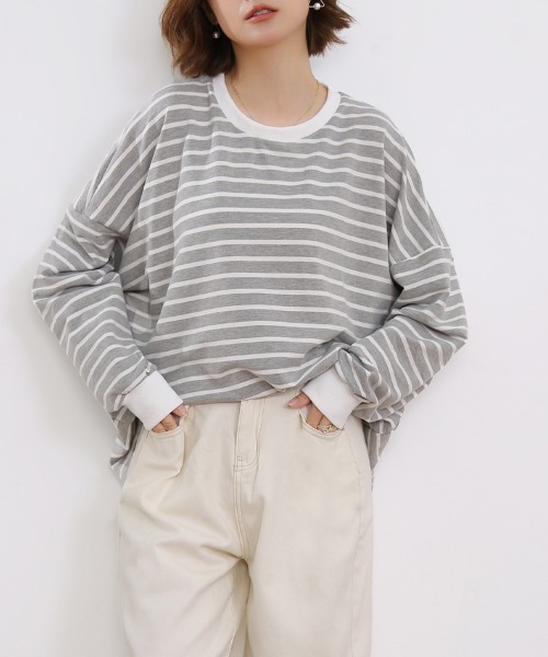 ONEP STAR（ワンピスター）の「ボーダーゆるロングTシャツ（Tシャツ/カットソー・レディース・グレー/ホワイト/ブラウン/ブラック/イエロー・FREE）」の3枚目の写真