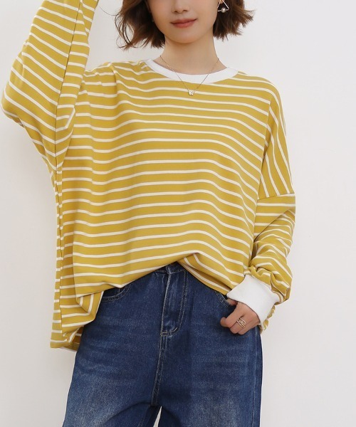 ONEP STAR（ワンピスター）の「ボーダーゆるロングTシャツ（Tシャツ/カットソー・レディース・グレー/ホワイト/ブラウン/ブラック/イエロー・FREE）」の5枚目の写真