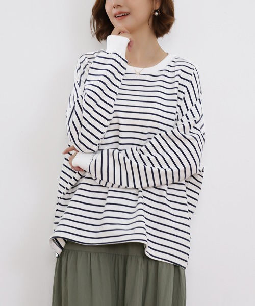 ONEP STAR（ワンピスター）の「ボーダーゆるロングTシャツ（Tシャツ/カットソー・レディース・グレー/ホワイト/ブラウン/ブラック/イエロー・FREE）」の11枚目の写真