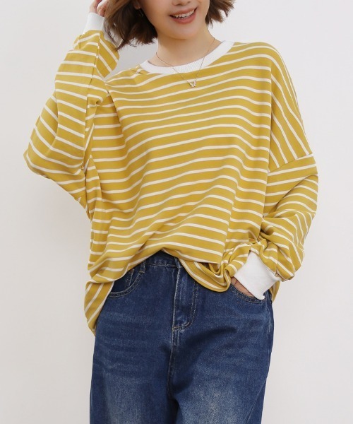 ONEP STAR（ワンピスター）の「ボーダーゆるロングTシャツ（Tシャツ/カットソー・レディース・グレー/ホワイト/ブラウン/ブラック/イエロー・FREE）」の6枚目の写真