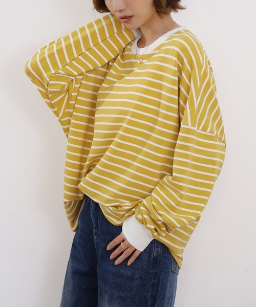 ONEP STAR（ワンピスター）の「ボーダーゆるロングTシャツ（Tシャツ/カットソー・レディース・グレー/ホワイト/ブラウン/ブラック/イエロー・FREE）」の7枚目の写真