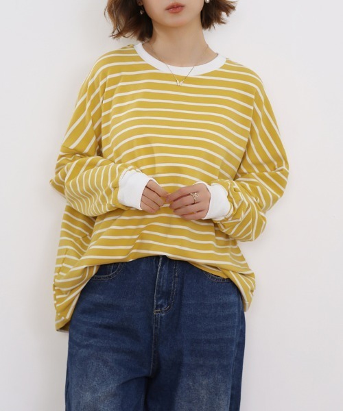 ONEP STAR（ワンピスター）の「ボーダーゆるロングTシャツ（Tシャツ/カットソー・レディース・グレー/ホワイト/ブラウン/ブラック/イエロー・FREE）」の8枚目の写真