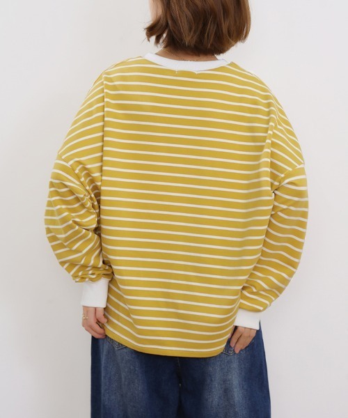 ONEP STAR（ワンピスター）の「ボーダーゆるロングTシャツ（Tシャツ/カットソー・レディース・グレー/ホワイト/ブラウン/ブラック/イエロー・FREE）」の9枚目の写真