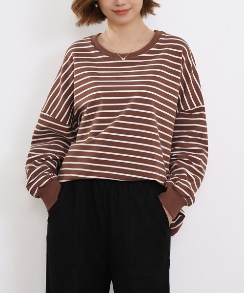 ONEP STAR（ワンピスター）の「ボーダーゆるロングTシャツ（Tシャツ/カットソー・レディース・グレー/ホワイト/ブラウン/ブラック/イエロー・FREE）」の16枚目の写真