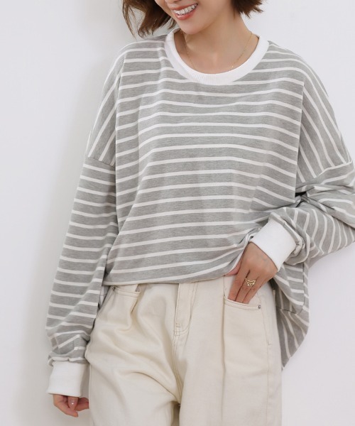 ONEP STAR（ワンピスター）の「ボーダーゆるロングTシャツ（Tシャツ/カットソー・レディース・グレー/ホワイト/ブラウン/ブラック/イエロー・FREE）」の20枚目の写真
