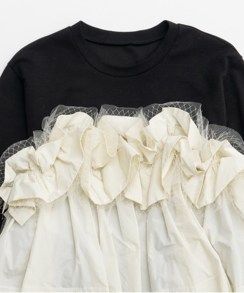 Mixed Fabric Frill Tops/異素材コンビフリルトップス（Tシャツ