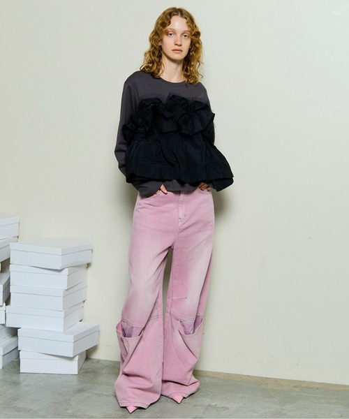 Mixed Fabric Frill Tops/異素材コンビフリルトップス（Tシャツ