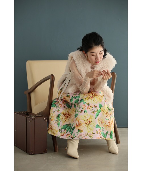 cawaii(カワイイ)の「ペールピンクのロマンティックな花柄タックミディアムスカート(スカート・レディース・ピンク・FREE)」の10枚目の写真