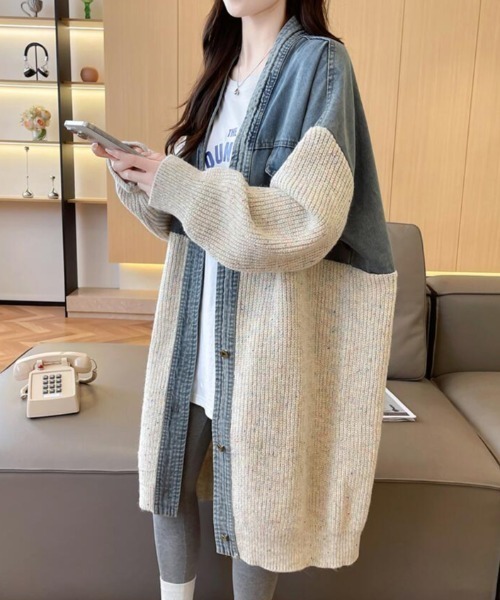 セール】デニムとニットのコンビネーションロングカーディガン（デニム