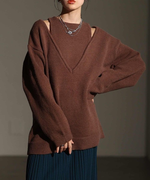 Sawa a la mode(サワアラモード)の「アメリカンスリーブVネックニットトップス(ニット/セーター・レディース・ブラウン/チャコールグレー・FREE)」の2枚目の写真