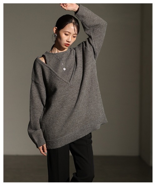 Sawa a la mode(サワアラモード)の「アメリカンスリーブVネックニットトップス(ニット/セーター・レディース・ブラウン/チャコールグレー・FREE)」の10枚目の写真