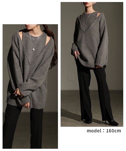 Sawa a la mode(サワアラモード)の「アメリカンスリーブVネックニットトップス(ニット/セーター・レディース・ブラウン/チャコールグレー・FREE)」の11枚目の写真