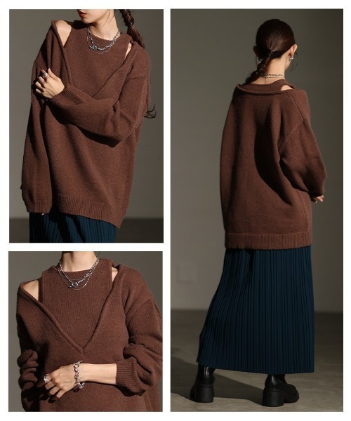 Sawa a la mode(サワアラモード)の「アメリカンスリーブVネックニットトップス(ニット/セーター・レディース・ブラウン/チャコールグレー・FREE)」の21枚目の写真