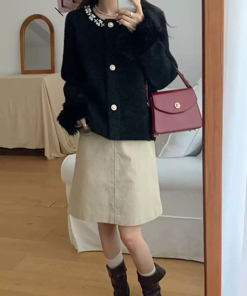 WESTSEA（ウエストシー）の「ふわふわ起毛 × パール＆ビジュー × 取り外し風ボリュームフェイクファーカフ 華やか系カーディガン（カーディガン/ボレロ・レディース・オフホワイト/グレー/ブラック・FREE）」の11枚目の写真