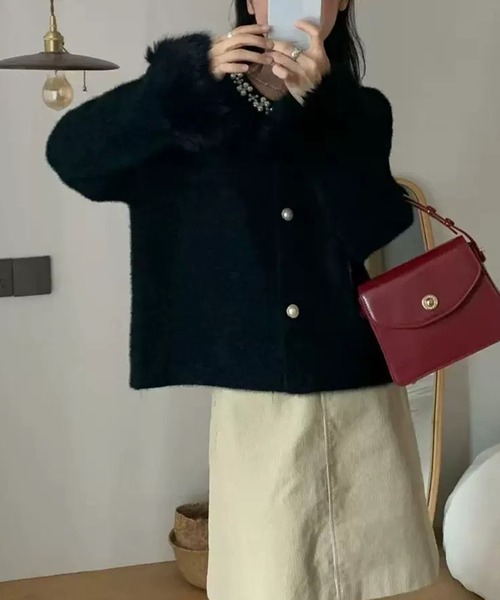 WESTSEA（ウエストシー）の「ふわふわ起毛 × パール＆ビジュー × 取り外し風ボリュームフェイクファーカフ 華やか系カーディガン（カーディガン/ボレロ・レディース・オフホワイト/グレー/ブラック・FREE）」の13枚目の写真