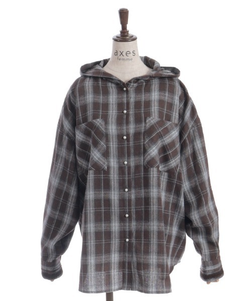 axes femme（アクシーズファム）の「フード付きチェック柄シャツ（シャツ/ブラウス・レディース・レッド/ブラウン/ブラック・FREE）」の2枚目の写真