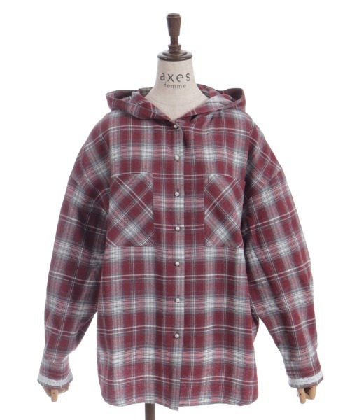 axes femme（アクシーズファム）の「フード付きチェック柄シャツ（シャツ/ブラウス・レディース・レッド/ブラウン/ブラック・FREE）」の4枚目の写真