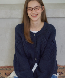 HANDMADE FLOWER CABLE PUFF KNIT CARDIGAN NAVY