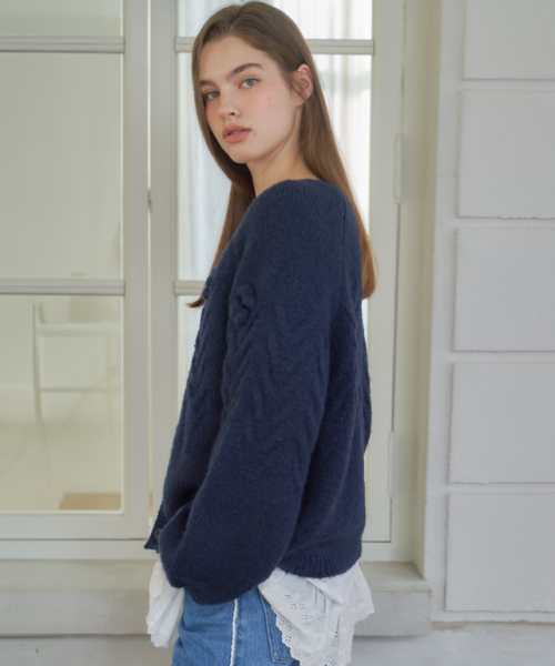 RONRON(ロンロン)の「HANDMADE FLOWER CABLE PUFF KNIT CARDIGAN NAVY(カーディガン/ボレロ・レディース・その他・FREE)」の5枚目の写真