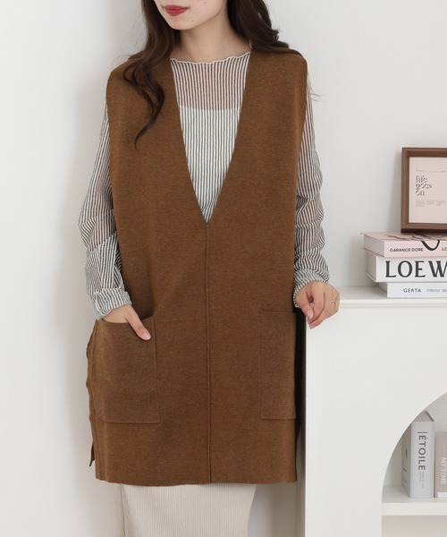 OMNES(オムネス)の「アクリルナイロンウールVネックロングニットベスト(ベスト・レディース・ベージュ/ブラウン・FREE)」の2枚目の写真