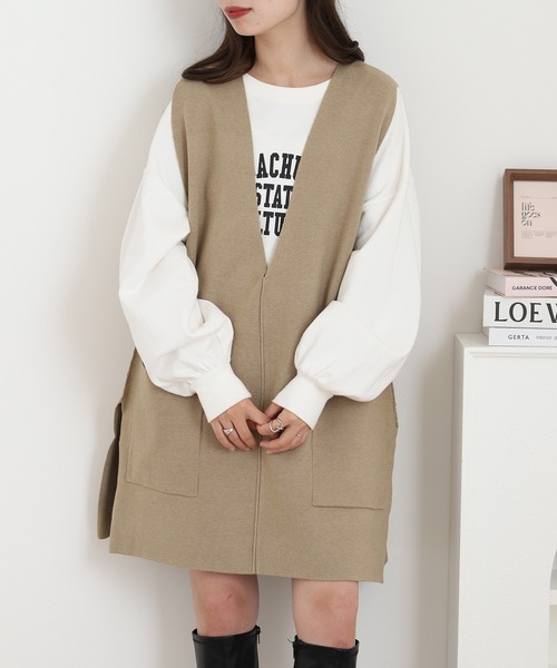 OMNES(オムネス)の「アクリルナイロンウールVネックロングニットベスト(ベスト・レディース・ベージュ/ブラウン・FREE)」の7枚目の写真