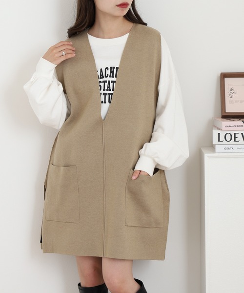 OMNES(オムネス)の「アクリルナイロンウールVネックロングニットベスト(ベスト・レディース・ベージュ/ブラウン・FREE)」の8枚目の写真