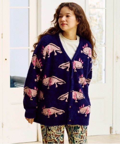 ウーパールーパーシャギー MIX ジャガードニット カーディガン